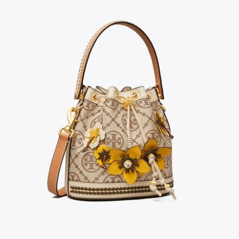 T Monogram Braided Floral Bucket Bag