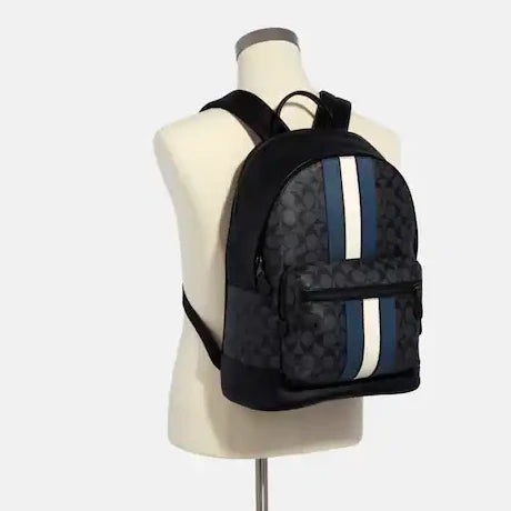 West Backpack In Signature Canvas With Varsity Stripe